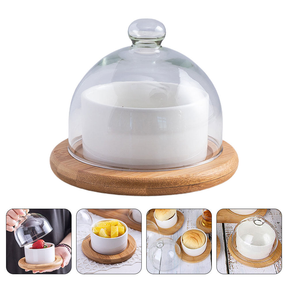 Plastic Dome Clear - Keramik-Salatschüssel-Set mit Klarem Glasdeckel, Natürlicher Holzschale,